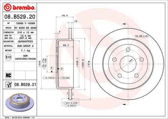 BREMBO brzdový kotúč 08.B529.21, sada 2 ks