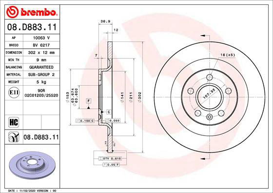 BREMBO brzdový kotúč 08.D883.11, súprava 2 ks