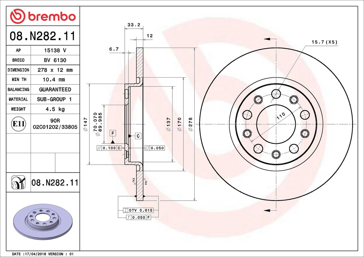 BREMBO brzdový kotúč 08.N282.11, súprava 2 ks