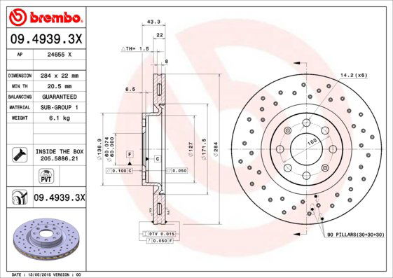 BREMBO brzdový kotúč 09.4939.3X, súprava 2 ks