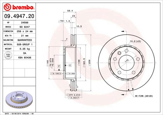 BREMBO brzdový kotúč 09.4947.20, súprava 2 ks