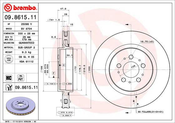 BREMBO brzdový kotúč 09.8615.11, súprava 2 ks
