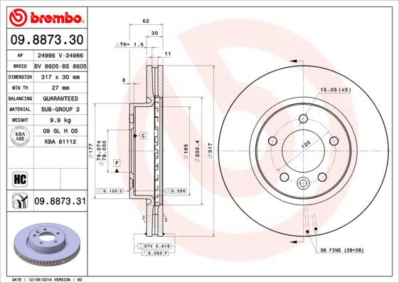 BREMBO brzdový kotúč 09.8873.31, súprava 2 ks