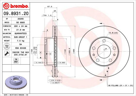 BREMBO brzdový kotúč 09.8931.21, sada 2 ks