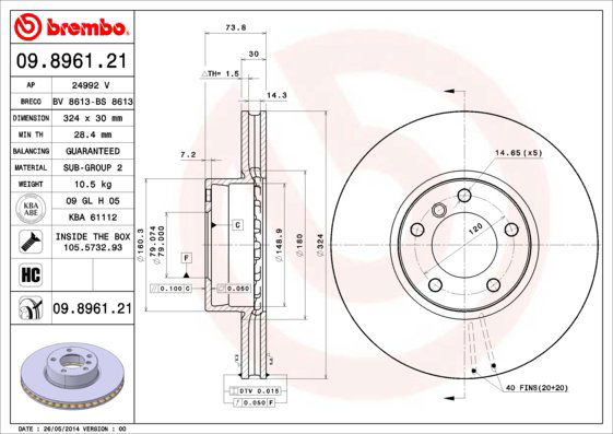 BREMBO brzdový kotúč 09.8961.21, sada 2 ks
