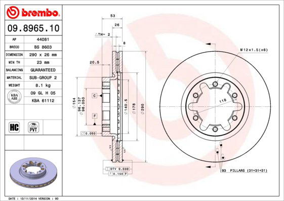BREMBO brzdový kotúč 09.8965.10, sada 2 ks