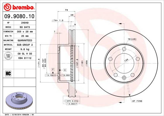 BREMBO brzdový kotúč 09.9080.10, súprava 2 ks