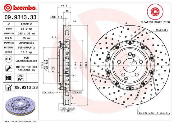 BREMBO brzdový kotúč 09.9313.33, súprava 2 ks