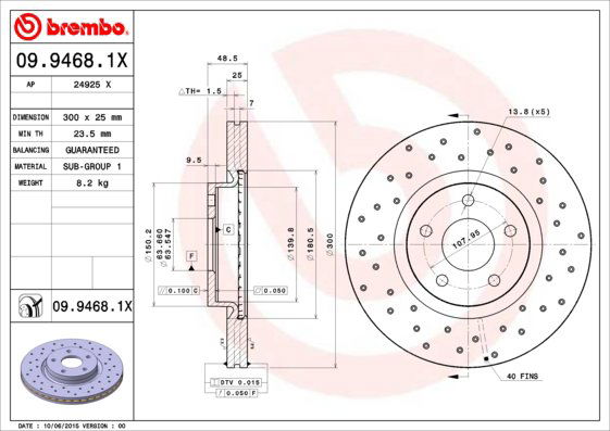 BREMBO brzdový kotúč 09.9468.1X, súprava 2 ks