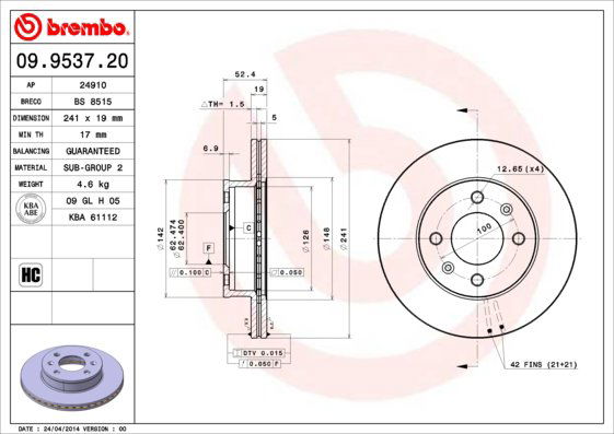 BREMBO brzdový kotúč 09.9537.20, súprava 2 ks