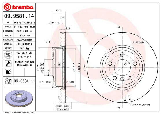 BREMBO brzdový kotúč 09.9581.11, súprava 2 ks