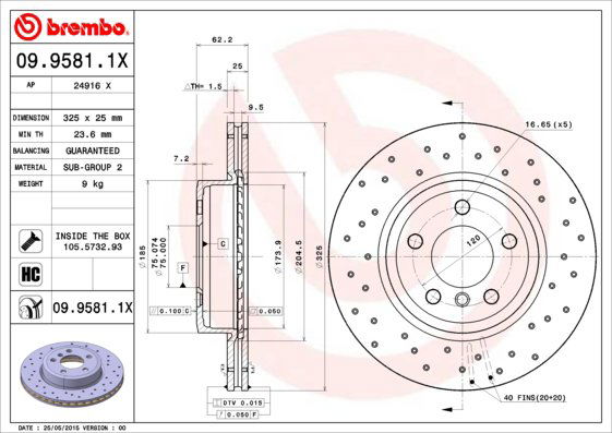 BREMBO brzdový kotúč 09.9581.1X, súprava 2 ks