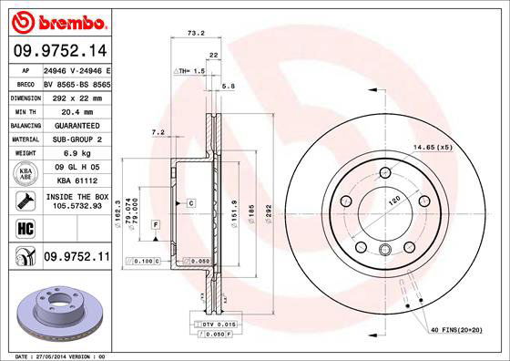 BREMBO brzdový kotúč 09.9752.11, súprava 2 ks