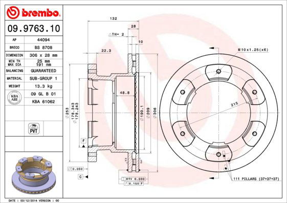 BREMBO brzdový kotúč 09.9763.10, sada 2 ks