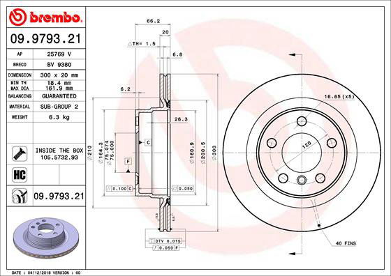 BREMBO brzdový kotúč 09.9793.21, súprava 2 ks