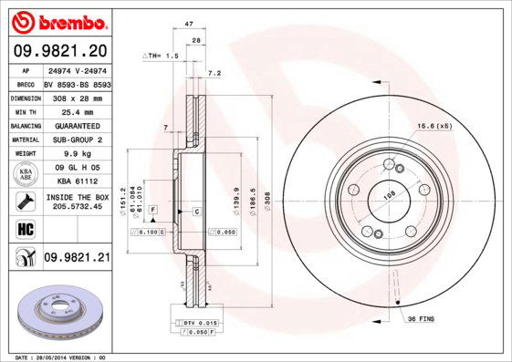 BREMBO brzdový kotúč 09.9821.21, súprava 2 ks