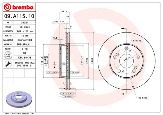 BREMBO brzdový kotúč 09.A115.10, sada 2 ks