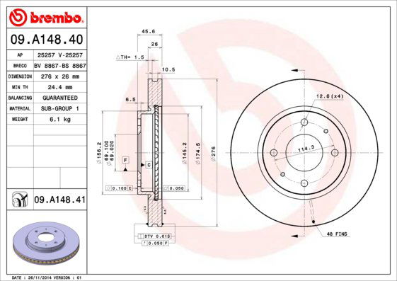 BREMBO brzdový kotúč 09.A148.41, súprava 2 ks