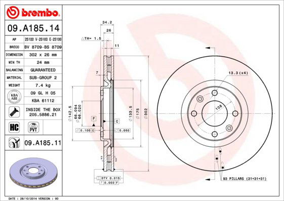 BREMBO brzdový kotúč 09.A185.11, sada 2 ks