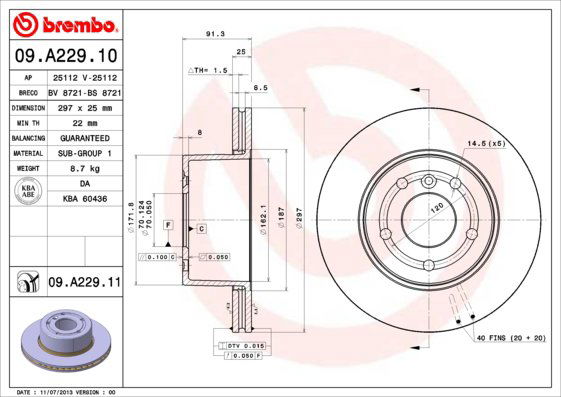 BREMBO brzdový kotúč 09.A229.11, sada 2 ks