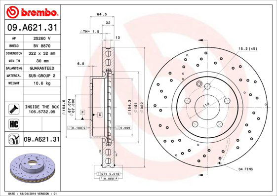 BREMBO brzdový kotúč 09.A621.31, sada 2 ks
