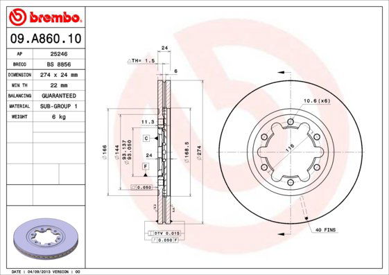 BREMBO brzdový kotúč 09.A860.10, súprava 2 ks