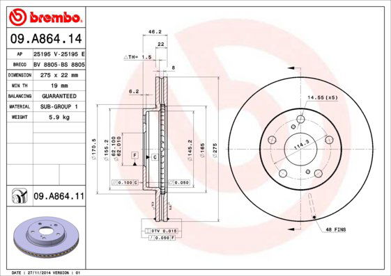 BREMBO brzdový kotúč 09.A864.11, súprava 2 ks