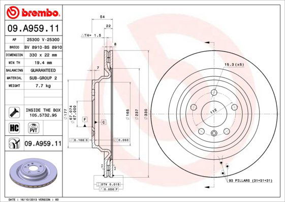 BREMBO brzdový kotúč 09.A959.11, sada 2 ks