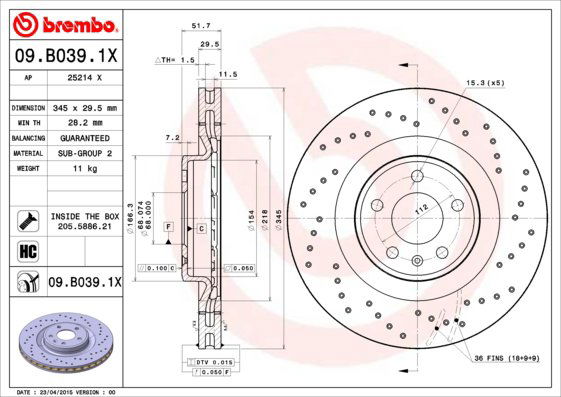 BREMBO brzdový kotúč 09.B039.1X, sada 2 ks