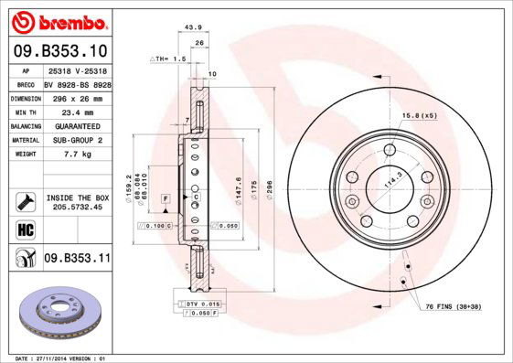 BREMBO brzdový kotúč 09.B353.11, súprava 2 ks