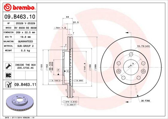 BREMBO brzdový kotúč 09.B463.11, sada 2 ks