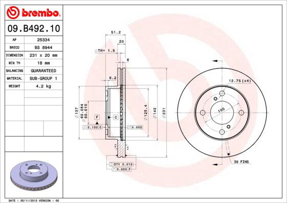 BREMBO brzdový kotúč 09.B492.10, sada 2 ks