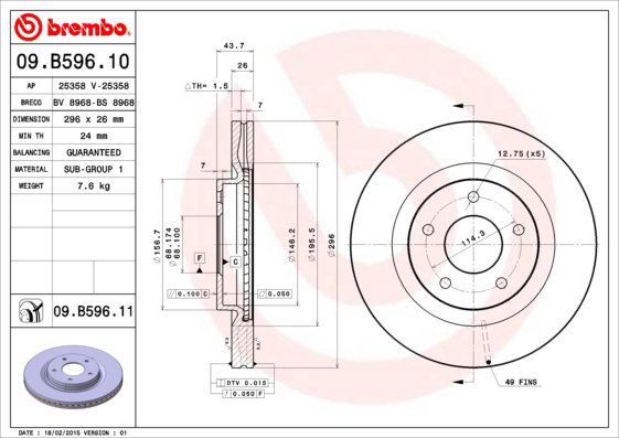 BREMBO brzdový kotúč 09.B596.11, súprava 2 ks