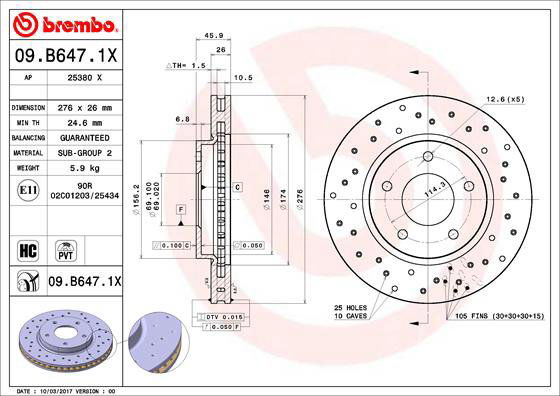 BREMBO brzdový kotúč 09.B647.1X, sada 2 ks