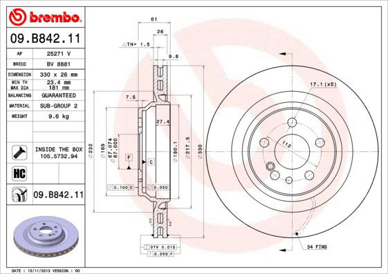 BREMBO brzdový kotúč 09.B842.11, súprava 2 ks