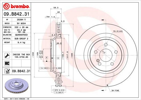 BREMBO brzdový kotúč 09.B842.31, súprava 2 ks