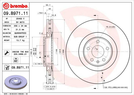 BREMBO brzdový kotúč 09.B971.11, súprava 2 ks