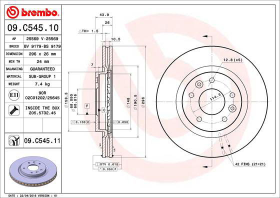 BREMBO brzdový kotúč 09.C545.11, súprava 2 ks