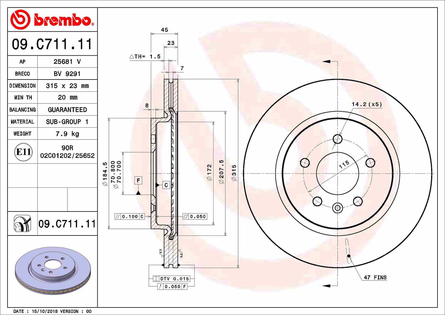 BREMBO brzdový kotúč 09.C711.11, sada 2 ks