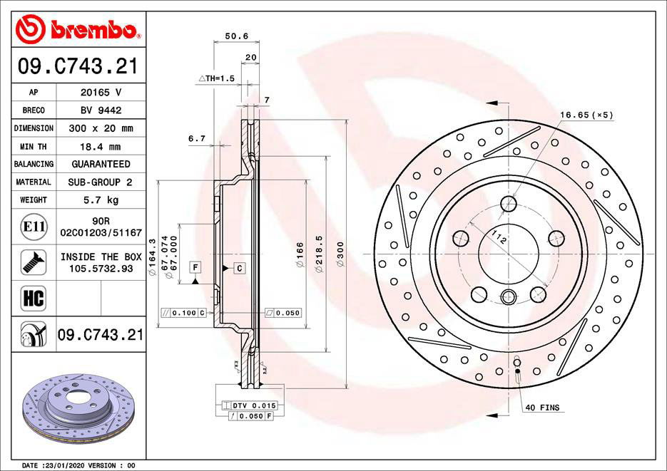 BREMBO brzdový kotúč 09.C743.21, sada 2 ks