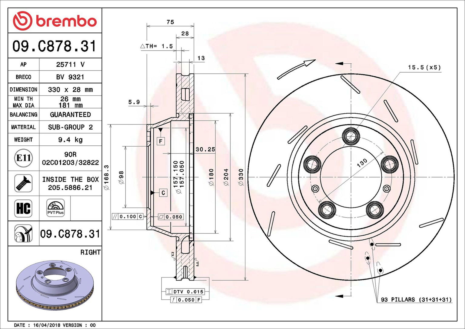 BREMBO brzdový kotúč 09.C878.31, súprava 2 ks