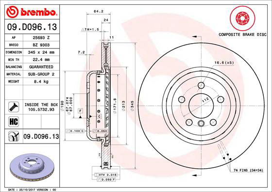 BREMBO brzdový kotúč 09.D096.13, sada 2 ks