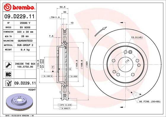 BREMBO brzdový kotúč 09.D229.11, sada 2 ks