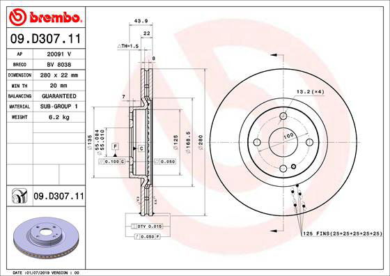 BREMBO brzdový kotúč 09.D307.11, súprava 2 ks