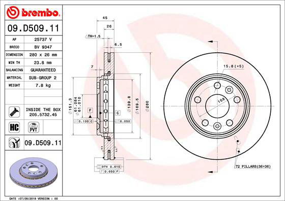 BREMBO brzdový kotúč 09.D509.11, sada 2 ks