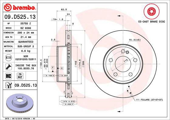 BREMBO brzdový kotúč 09.D525.13, sada 2 ks