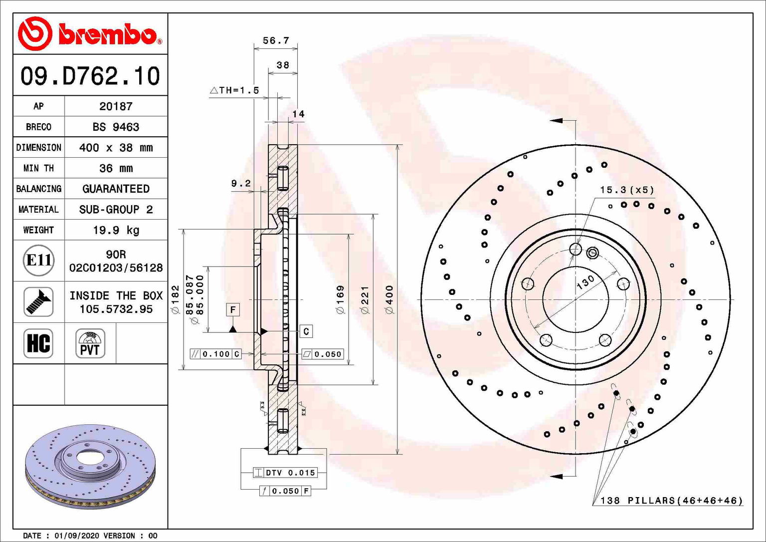 BREMBO brzdový kotúč 09.D762.10, súprava 2 ks