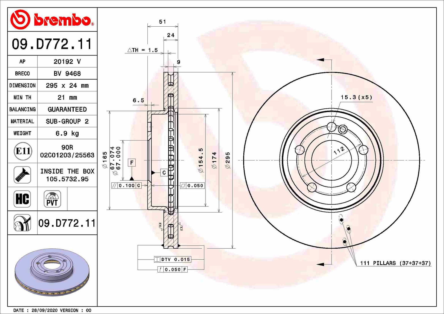 BREMBO brzdový kotúč 09.D772.11, súprava 2 ks