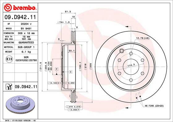 BREMBO brzdový kotúč 09.D942.11, sada 2 ks
