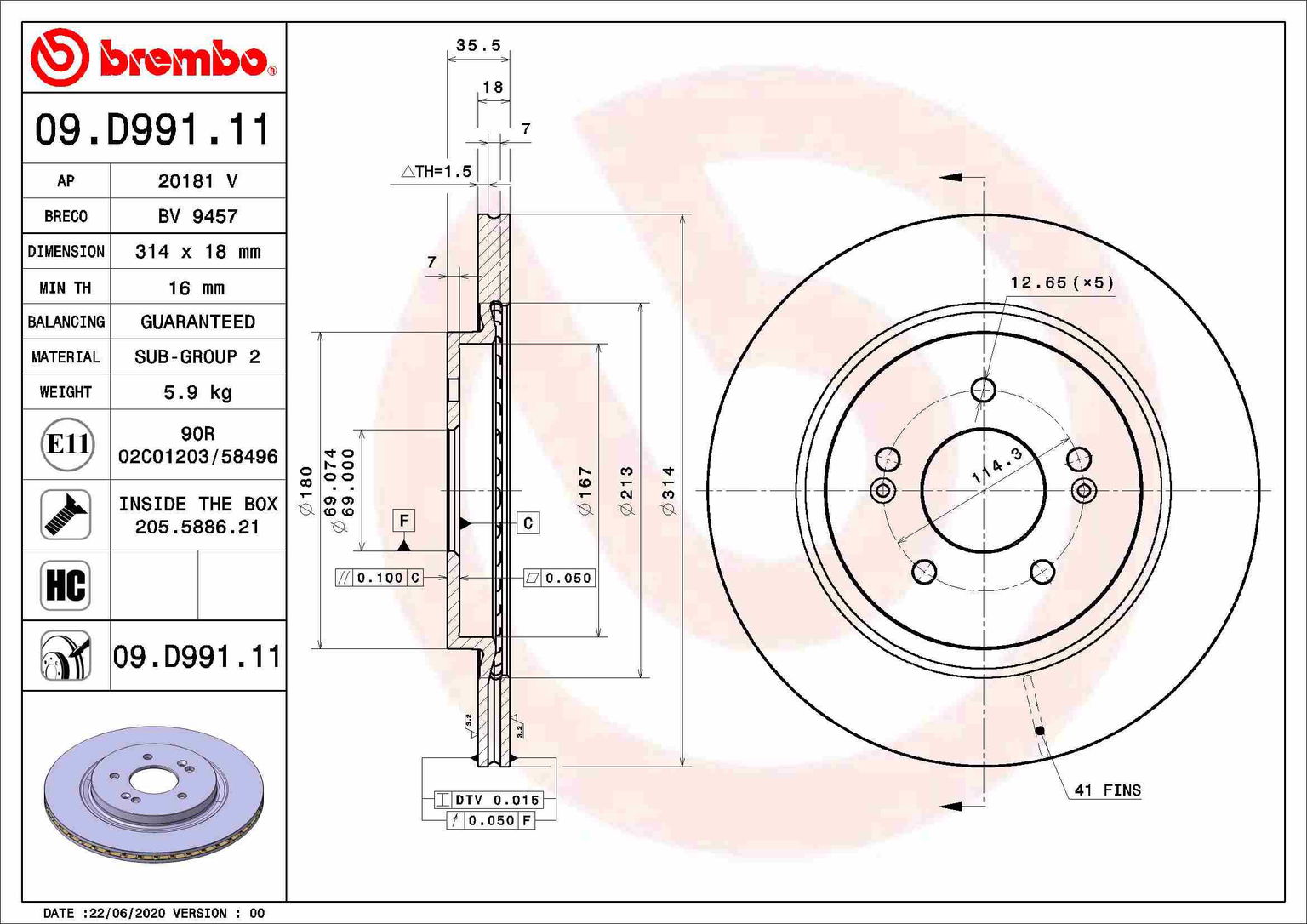 BREMBO brzdový kotúč 09.D991.11, sada 2 ks